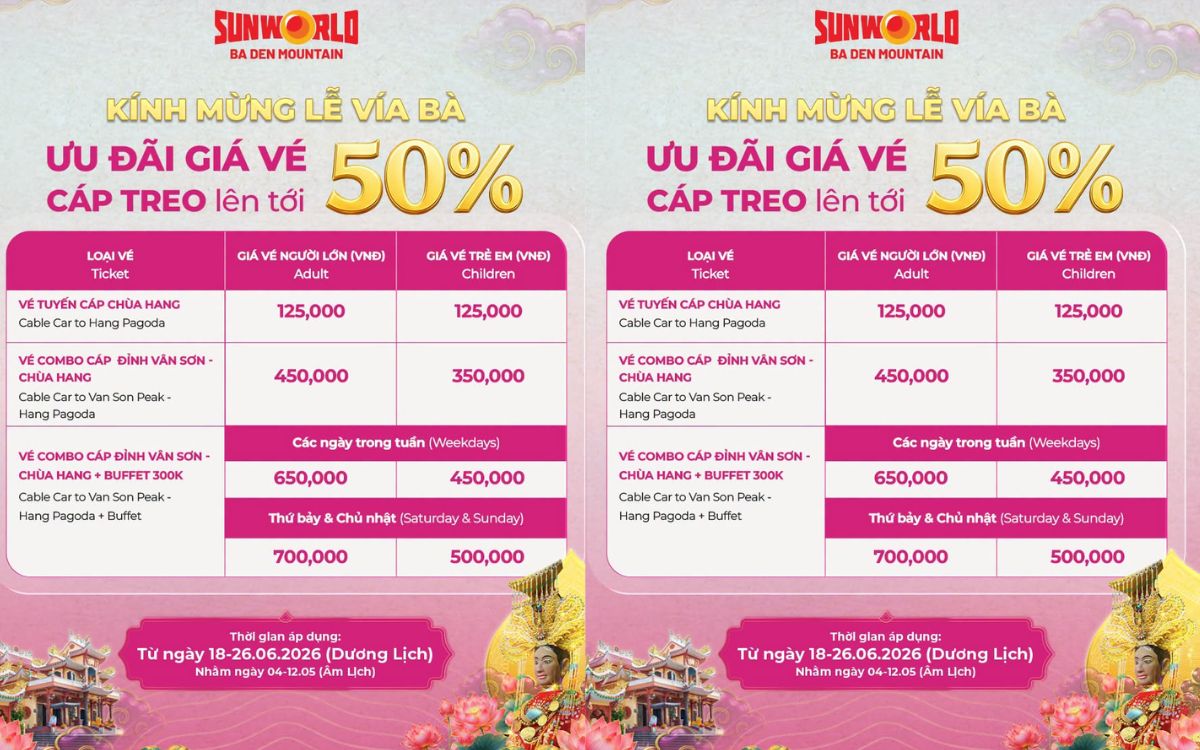 Cáp treo núi Bà Đen ưu đãi 50% mừng lễ vía bà